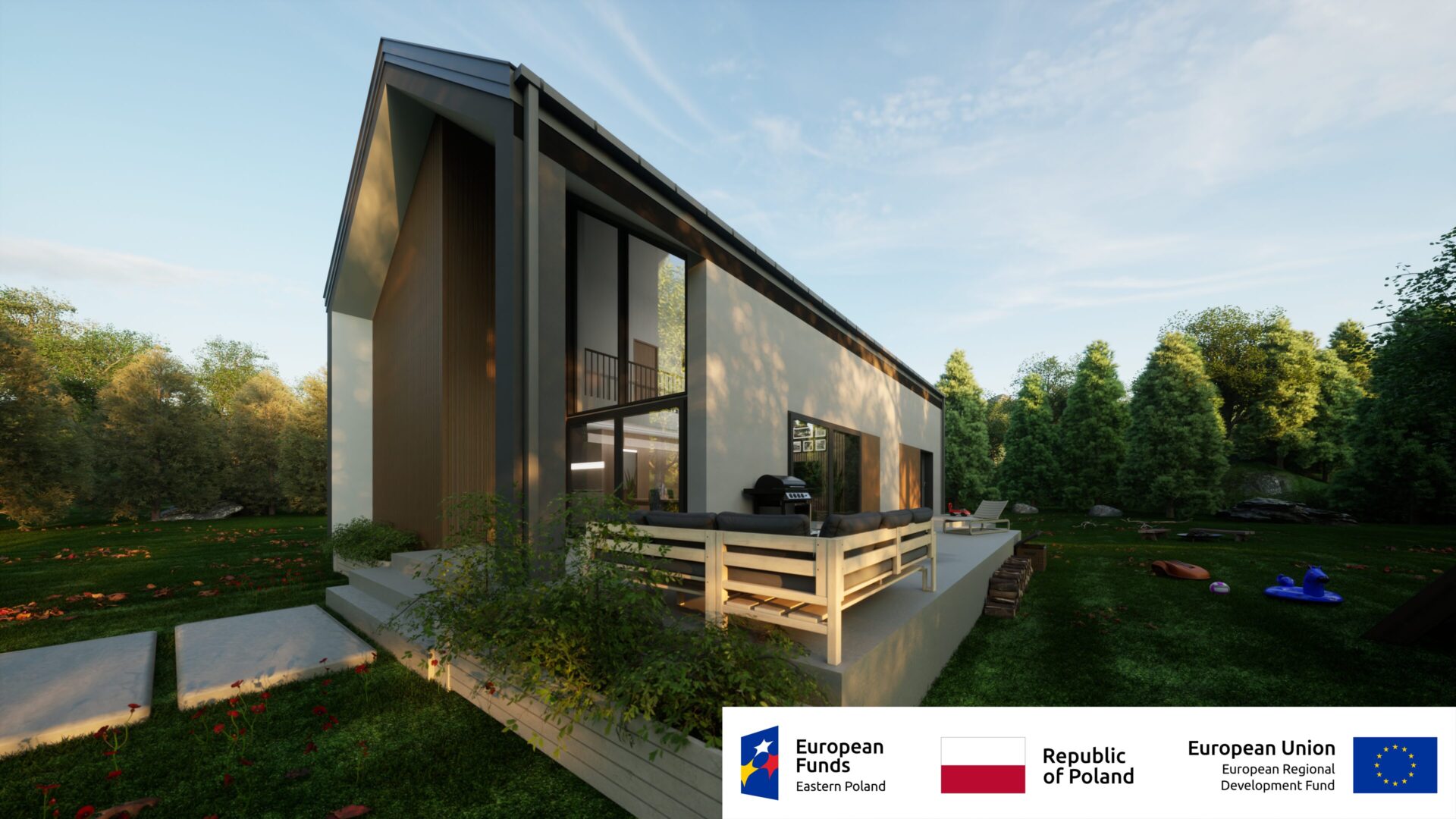 Nowoczesny dom z dużymi oknami, otoczony zielenią, dofinansowany przez Fundusze Europejskie w Polsce.