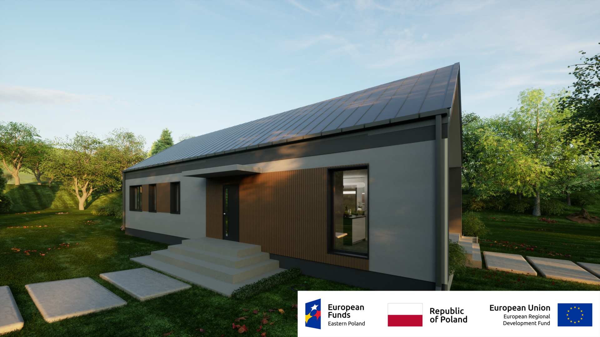 Nowoczesny dom z płaskim dachem, otoczony zielenią. Sfinansowano przez fundusze europejskie z regionalnym logo.