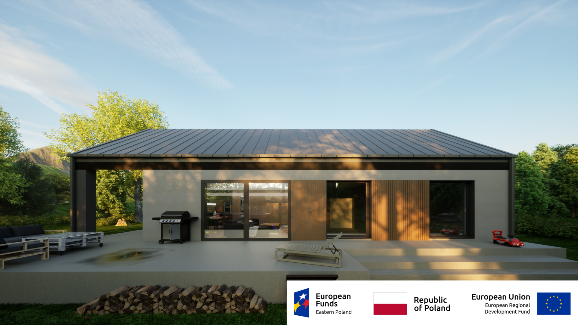 Nowoczesny dom z tarasem, grill i leżak w ogrodzie, słoneczny dzień, fundusze UE.