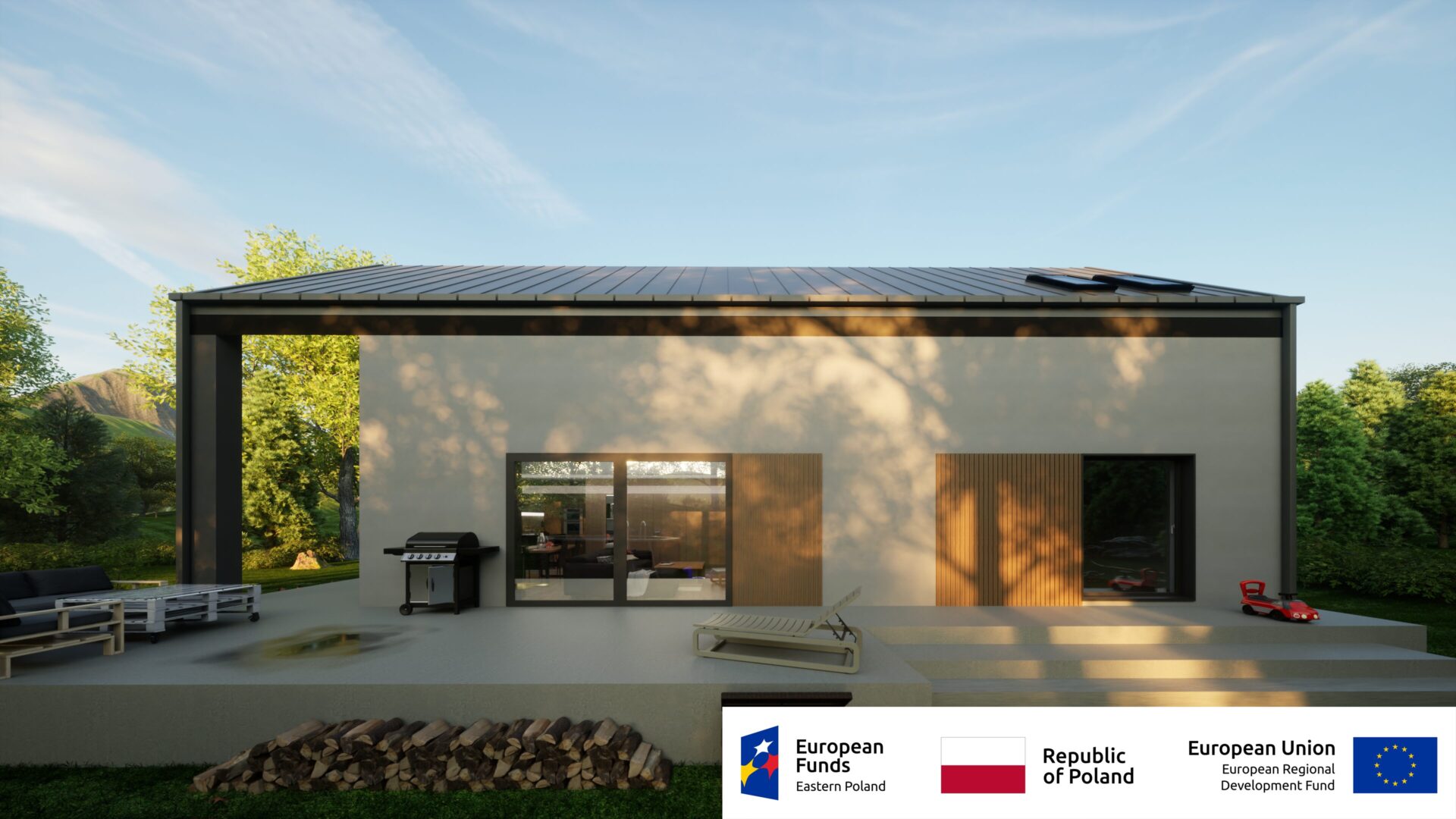 Nowoczesny dom z tarasem, grillem i ogrodem, w otoczeniu zieleni, dofinansowany z Funduszy Europejskich.