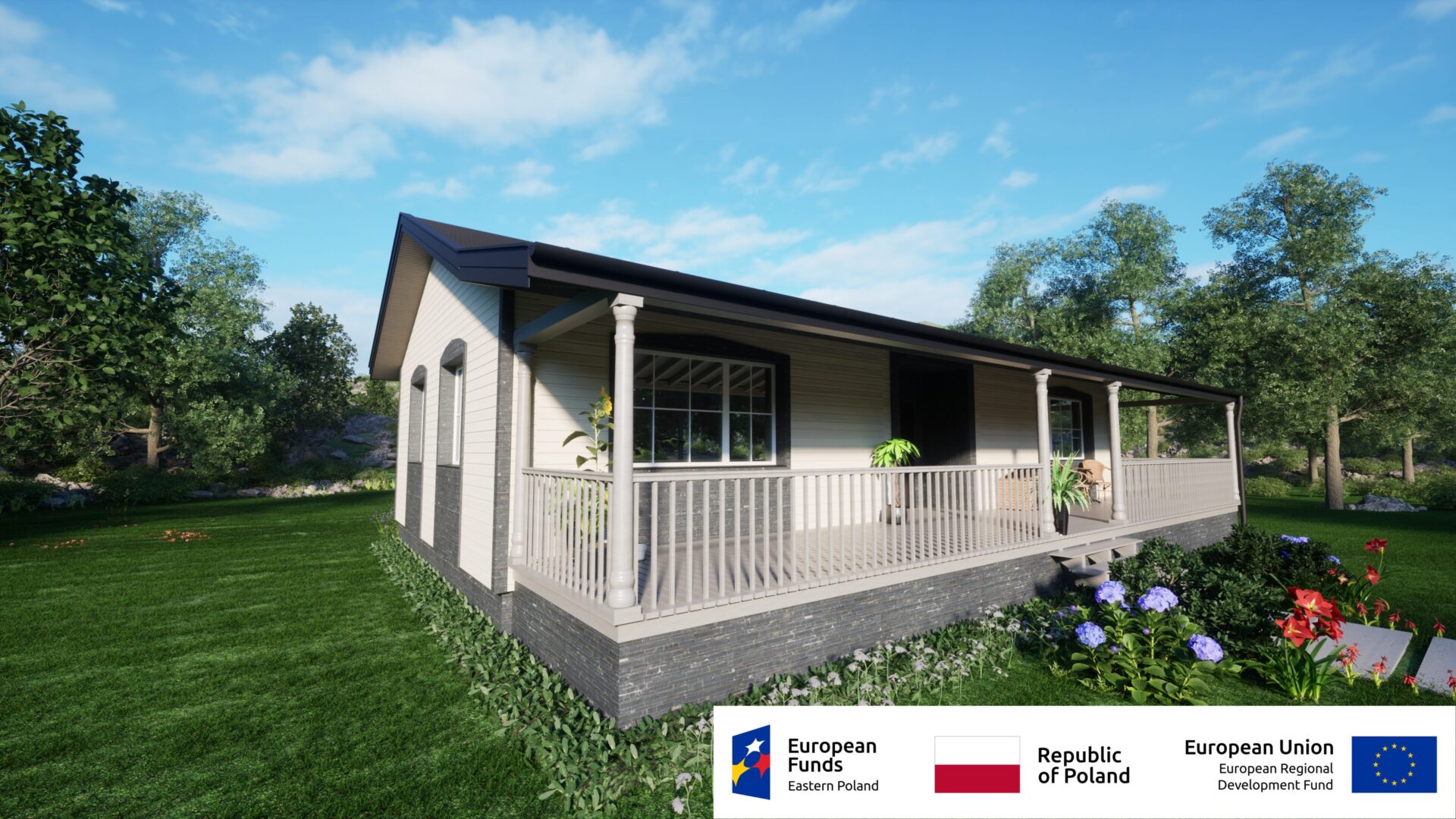 Nowoczesny dom z werandą, otoczony zielonym ogrodem, dofinansowany z funduszy Unii Europejskiej.