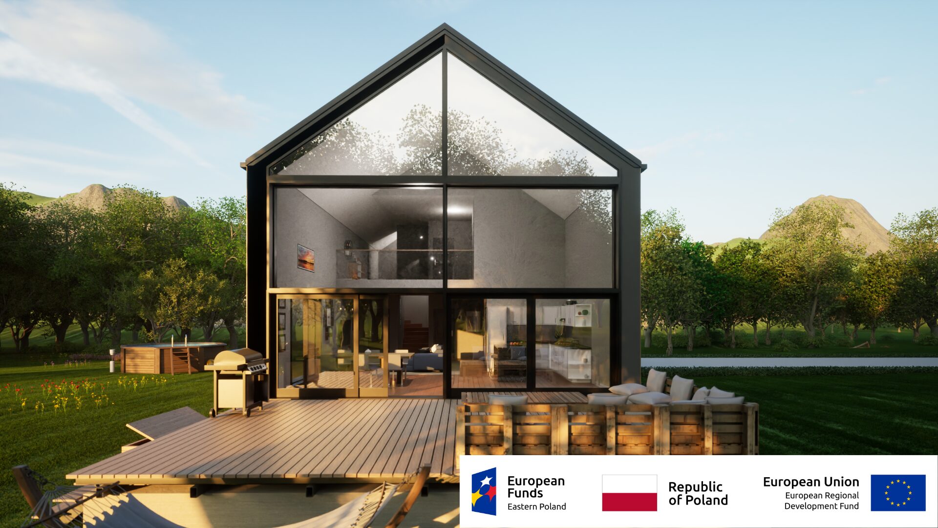 Nowoczesny dom ze szklaną fasadą na tle zielonego krajobrazu, wsparty przez fundusze UE i Polski Wschodniej.