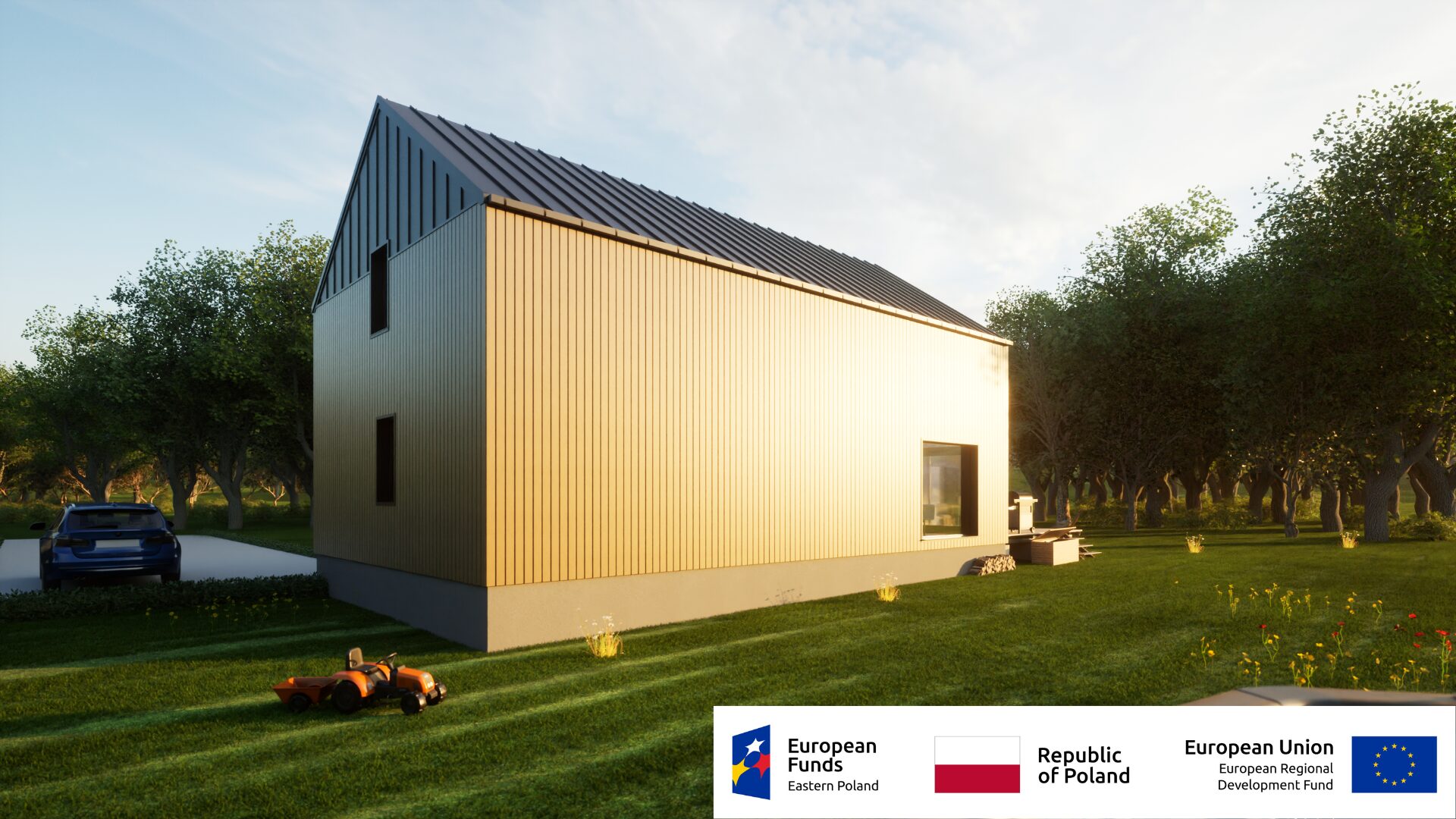 Nowoczesny drewniany dom w otoczeniu zieleni, słońce oświetla budynek; logo funduszy UE i RP.