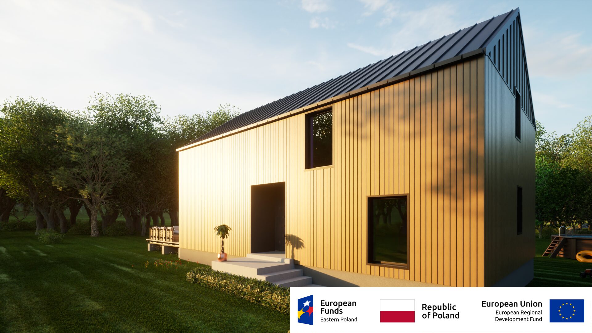 Nowoczesny, ekologiczny dom z drewna w otoczeniu zieleni, współfinansowany przez fundusze europejskie w Polsce.