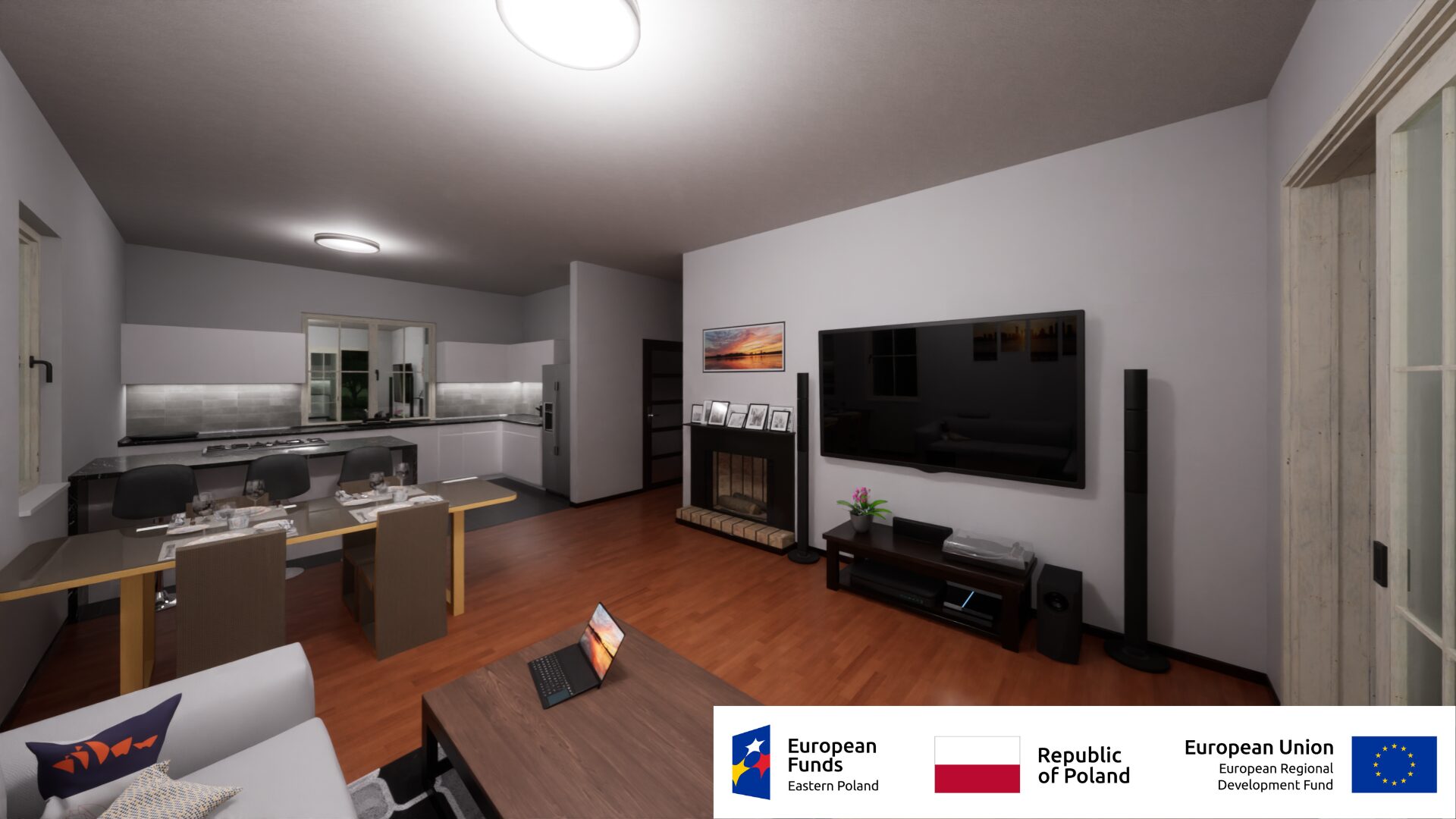 Nowoczesny salon z otwartą kuchnią, drewnianą podłogą, telewizorem, kominkiem i dekoracjami na półce.