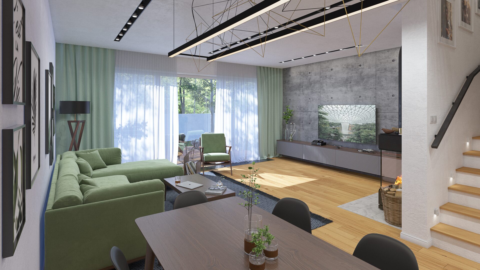 Nowoczesny salon z zieloną kanapą, dużym oknem i telewizorem na szarej ścianie. Drewniana podłoga i schody.