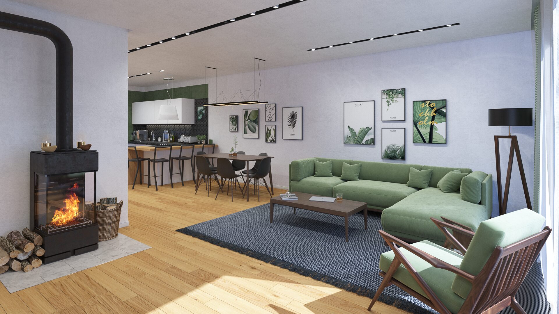 Nowoczesny salon z zieloną sofą, kominkiem i otwartą kuchnią, udekorowany roślinnymi grafikami na ścianach.