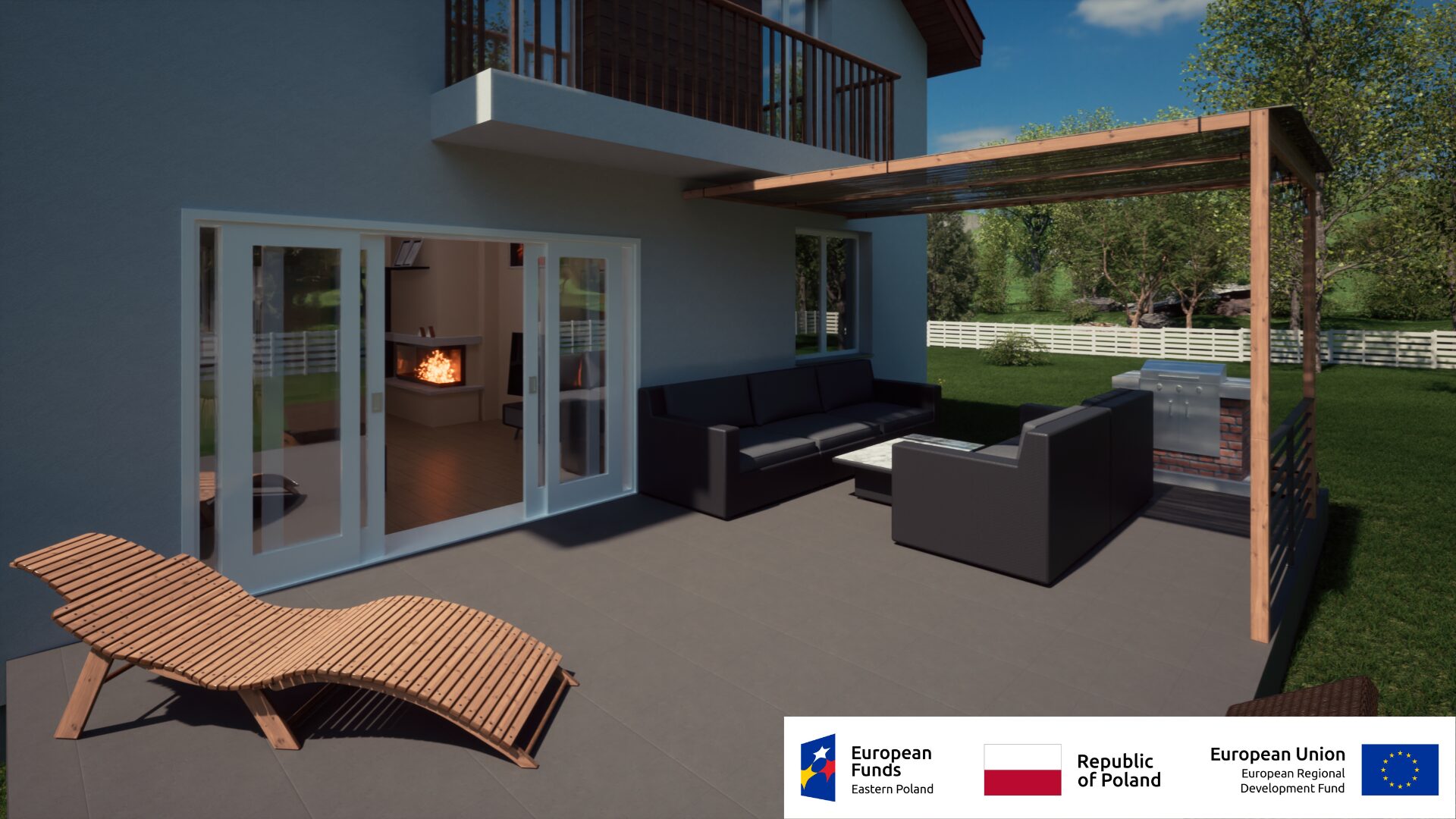 Nowoczesny taras z meblami ogrodowymi i grillem, idealny na letnie spotkania na świeżym powietrzu.