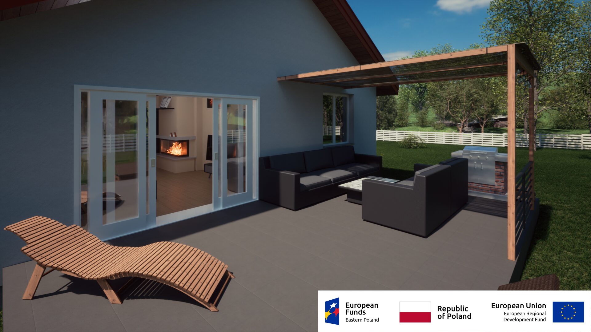 Nowoczesny taras z zadaszeniem, meblami ogrodowymi i paleniskiem, idealny do relaksu na świeżym powietrzu.