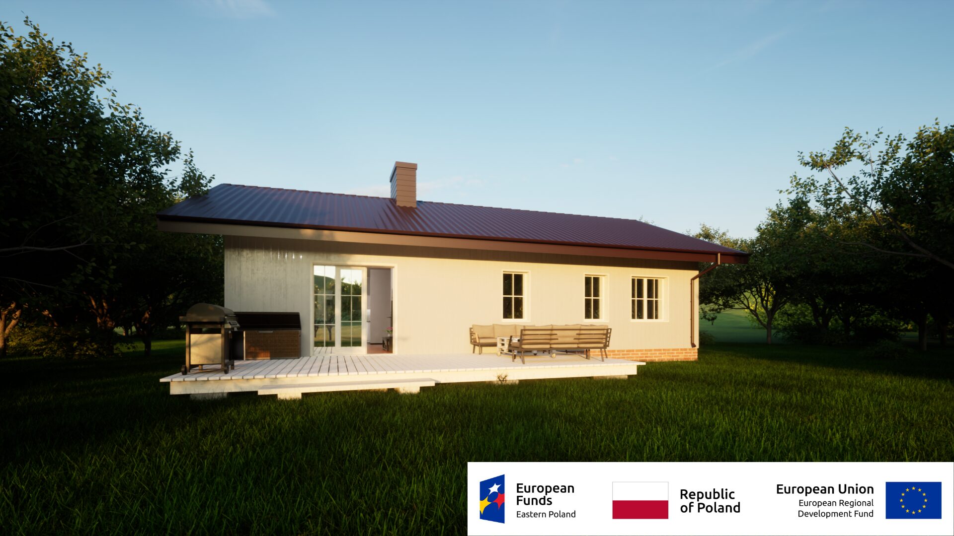 Parterowy dom na działce z trawnikiem i drzewami w tle, wspierany przez Fundusze Europejskie.