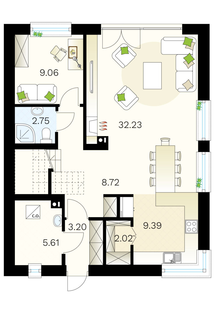 Plan mieszkania z oznaczonymi wymiarami pokoi, w tym salon, kuchnia, łazienka i sypialnia.