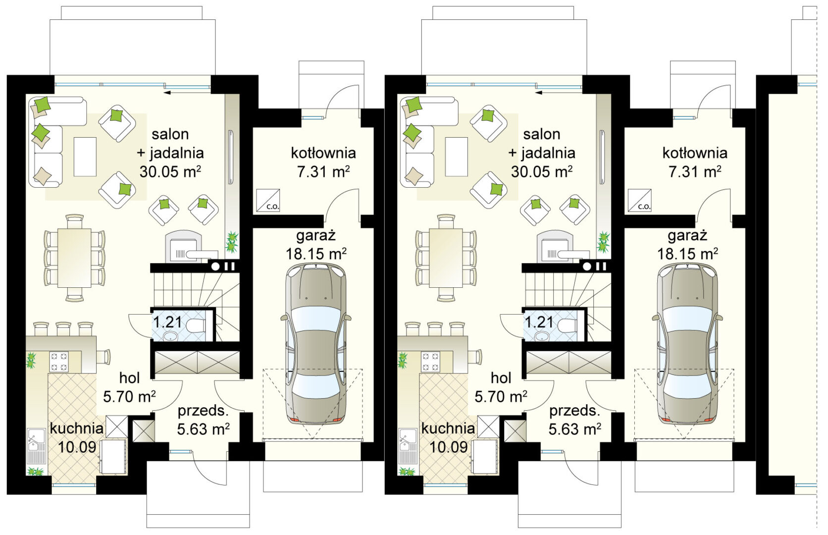 Plan piętra domu z salonem, jadalnią, kuchnią, garażem i kotłownią, widok z góry.