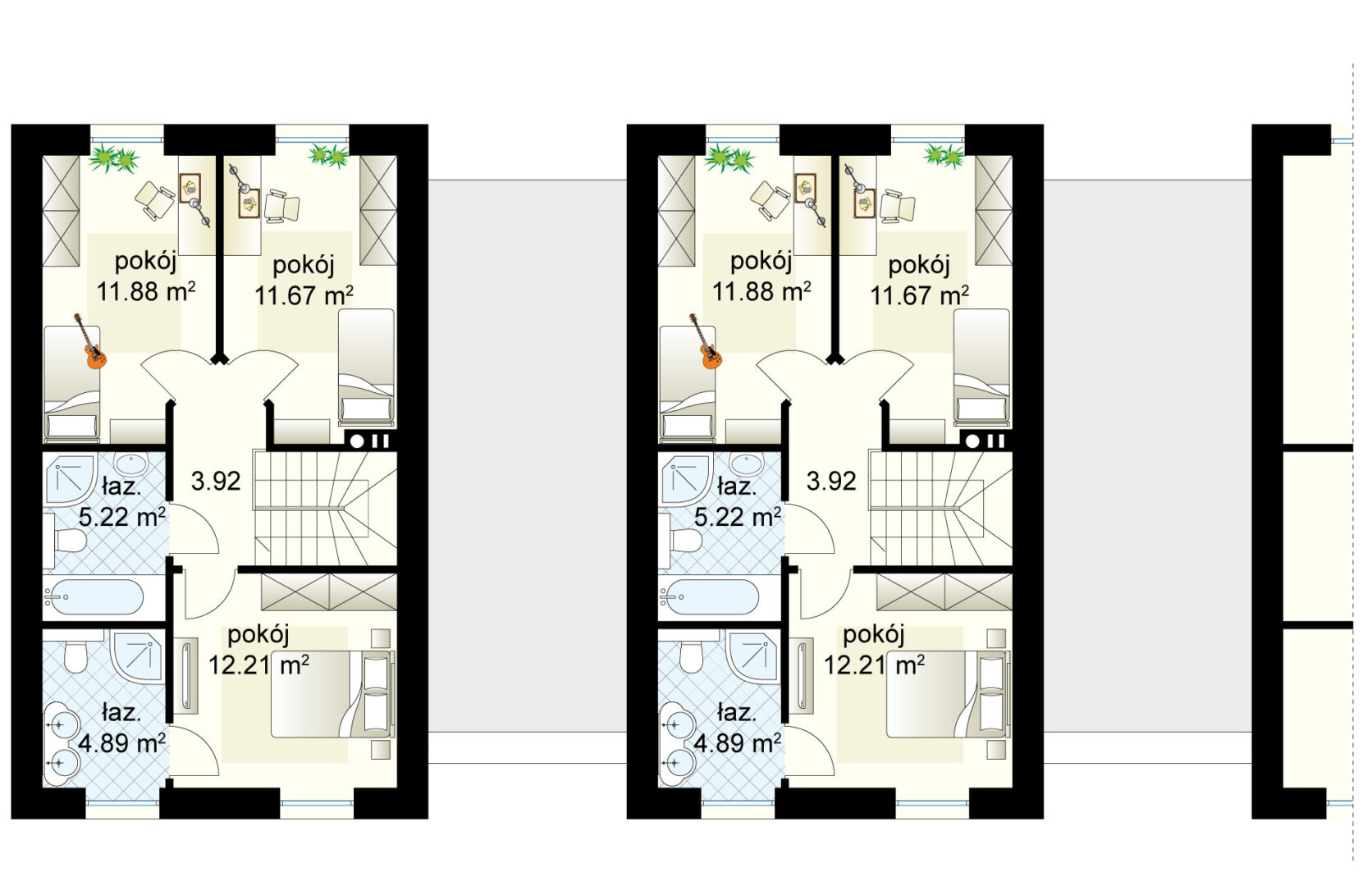 Plan piętra mieszkania: 3 pokoje, 2 łazienki. Powierzchnie: 11.88 m², 11.67 m², 12.21 m², łazienki 5.22 m², 4.89 m².
