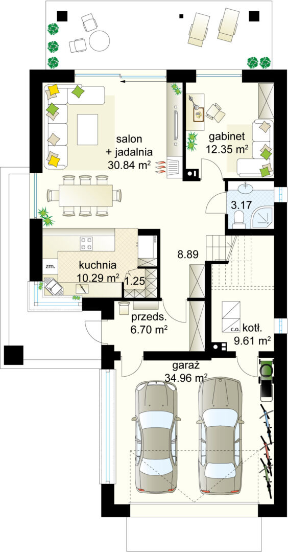 Plan piętra z salonem, jadalnią, kuchnią, gabinetem, łazienką i garażem na dwa auta.