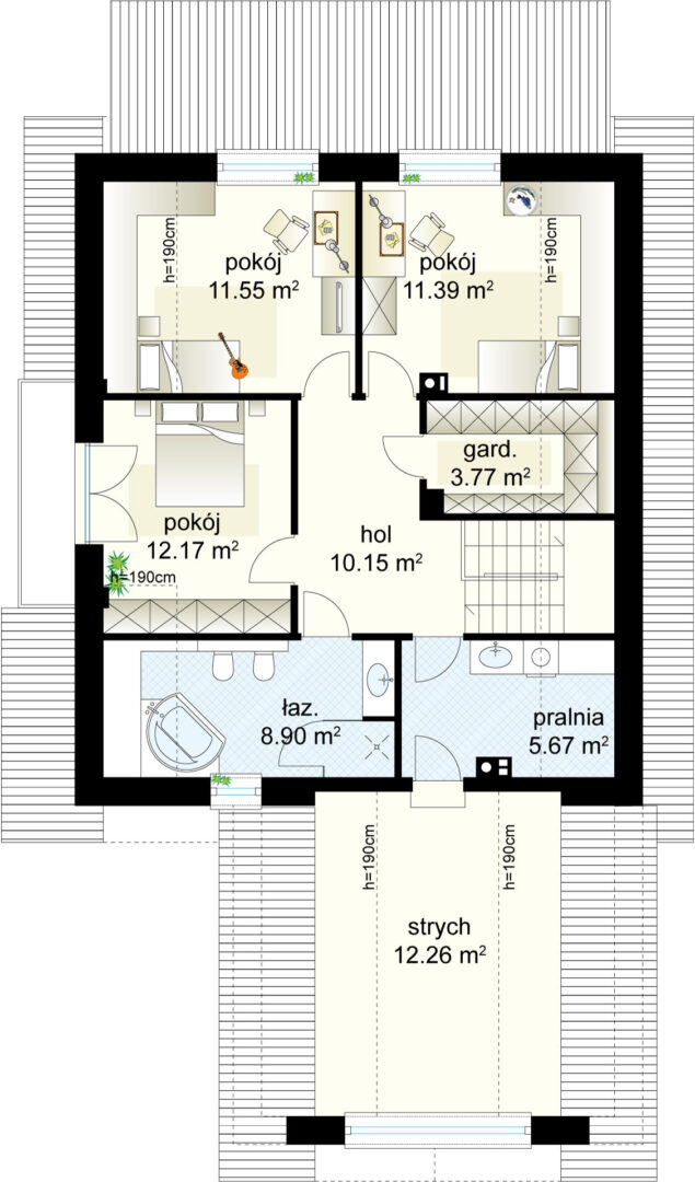 Plan piętra z trzema pokojami, łazienką, garderobą, pralnią, holem i strychem. Powierzchnia pomieszczeń w metrach kwadratowych.