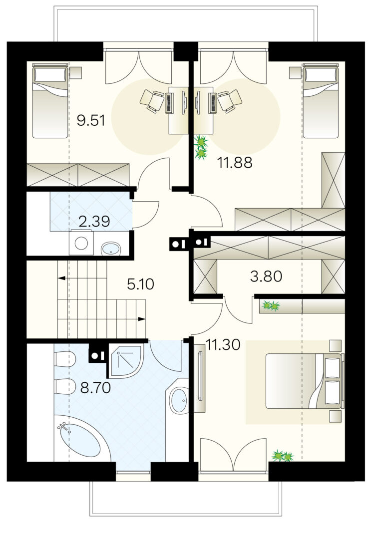 Projekt piętra z pokojami, łazienką, klatką schodową i meblami – widok z góry na plan pomieszczeń.
