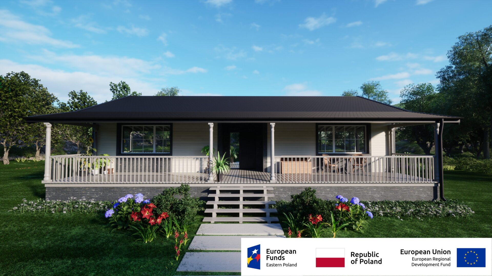 Przestronny dom z tarasem i ogrodem na tle błękitnego nieba, wspierany przez fundusze europejskie.
