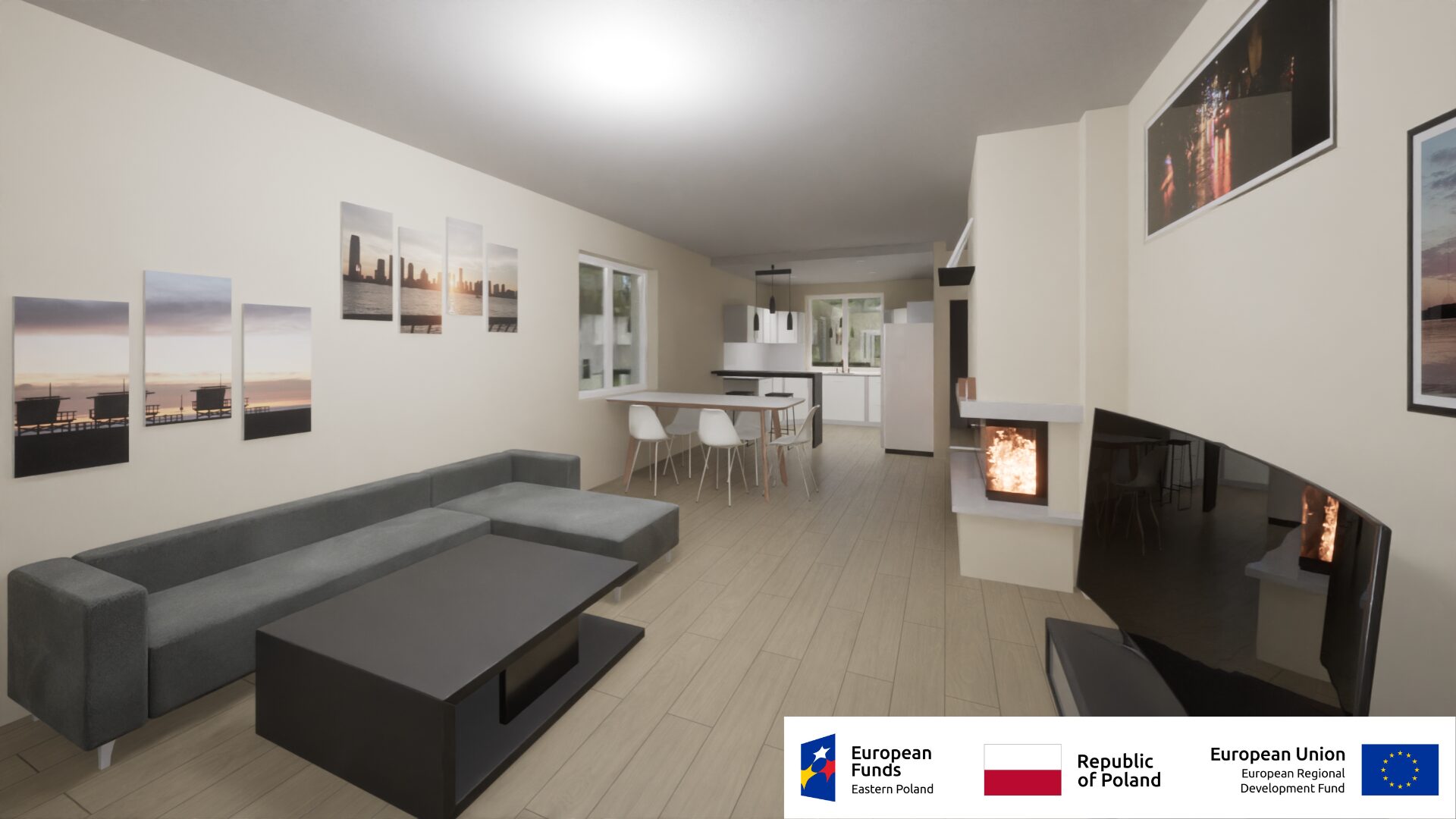 Współczesne wnętrze salonu z kominkiem, szarym narożnikiem i minimalistyczną jadalnią w jasnych kolorach.