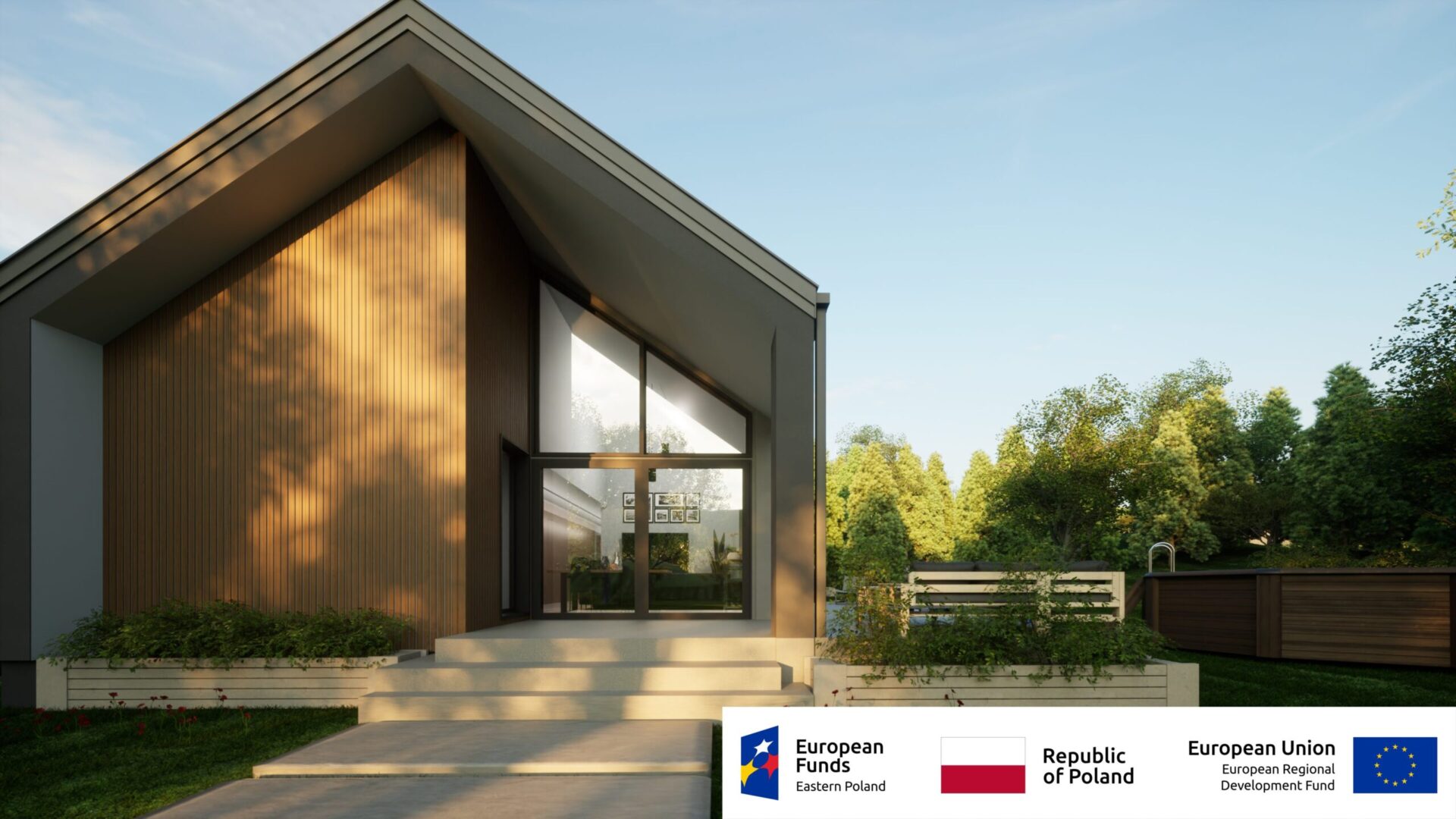 Nowoczesny dom z drewnianą elewacją w otoczeniu zieleni, wspierany przez fundusze Unii Europejskiej.