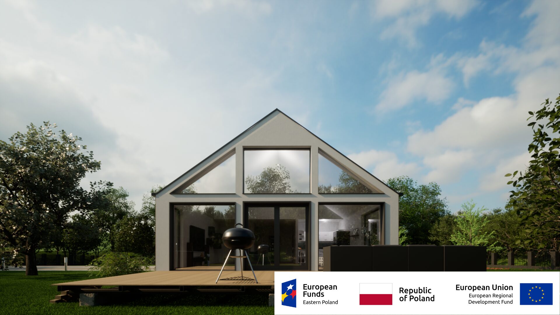 Nowoczesny dom z drewnianym tarasem i grillem, wspierany przez fundusze europejskie, białe i niebieskie logo w rogu.