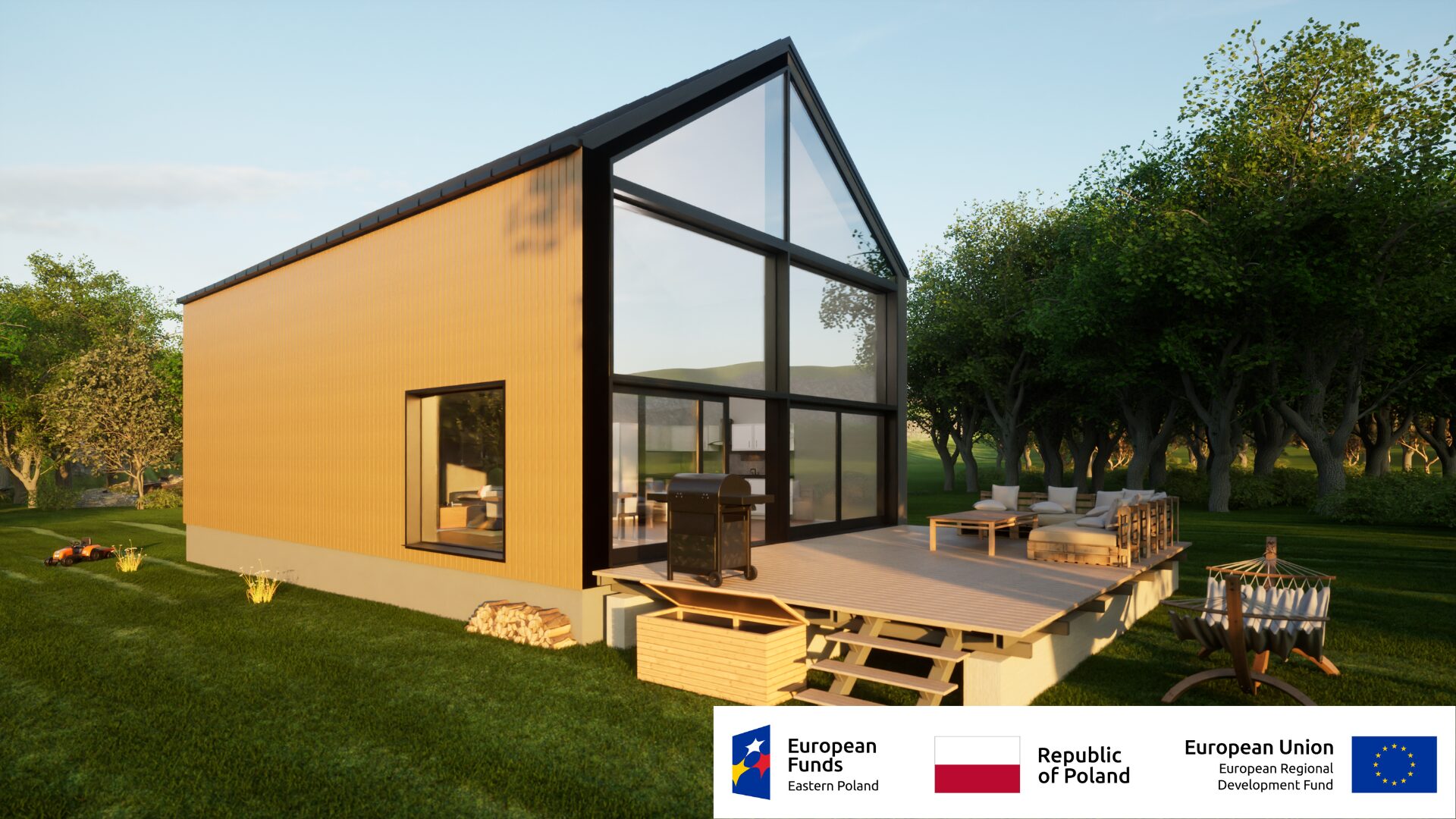 Nowoczesny dom z dużymi oknami w zielonym otoczeniu, patio z miejscem do wypoczynku na świeżym powietrzu.