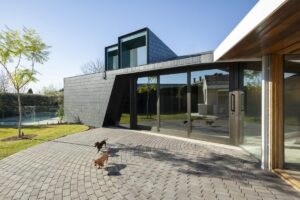 Modernes Haus mit großen Fenstern im Garten, das die gesetzlichen Anforderungen an Holzhäuser erfüllt.
